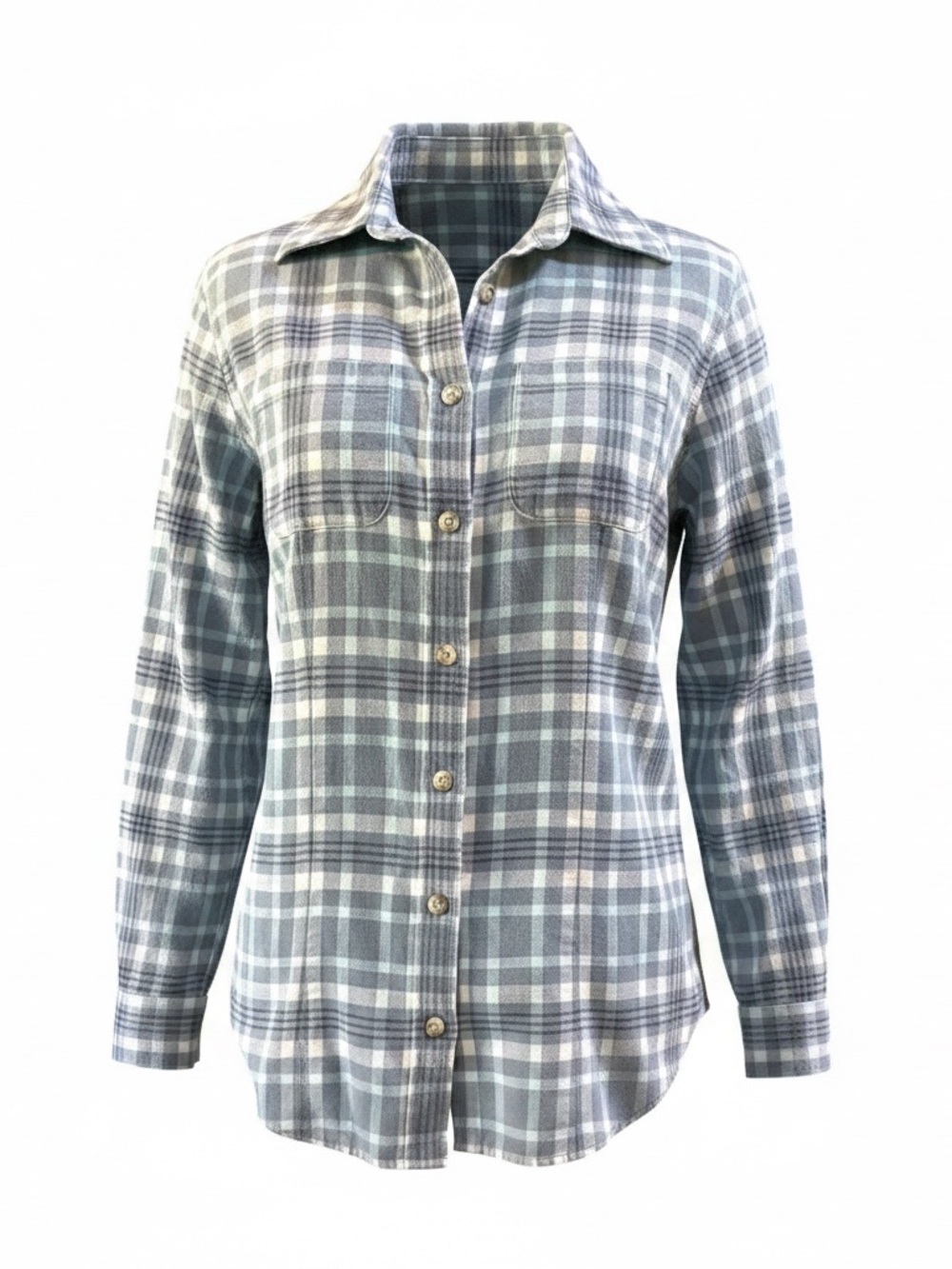LL BEAN PLAID COTTON FLANNEL LONG SLEEVE BUTTON DOWN SHIRT BLUE WHITE SIZE XS